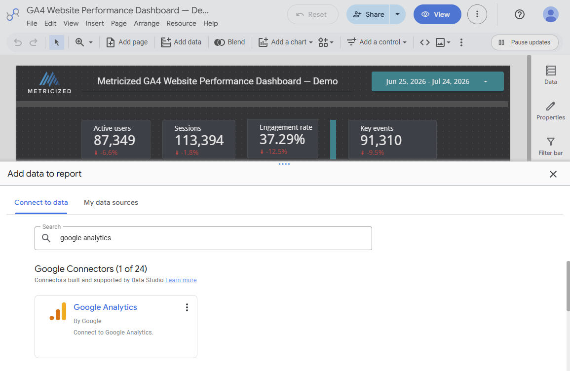 Data Studio editor with the Add data to report panel and the Google Analytics connector.