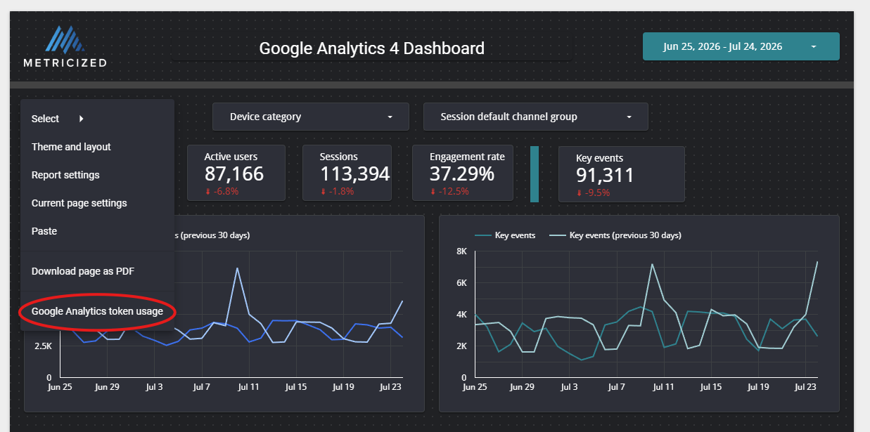Google Analytics token usage command in the Data Studio report editor