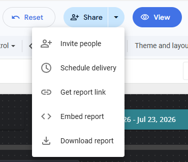Data Studio Share menu showing Schedule delivery and Download report.