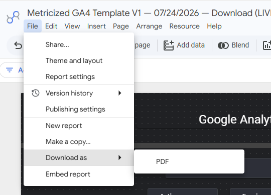 Data Studio File menu showing Download as and PDF.