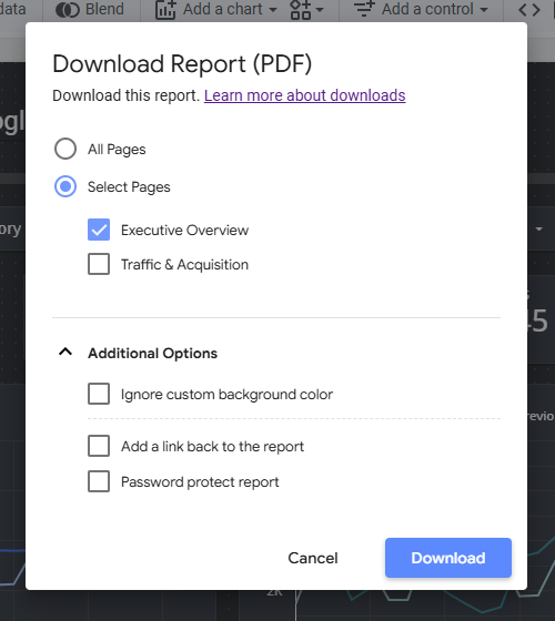 Data Studio PDF dialog showing all-page and selected-page export, two report pages, and additional options.