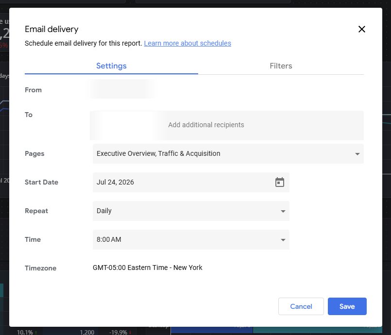 Data Studio scheduled-delivery Settings tab showing pages, start date, frequency, time, and timezone.