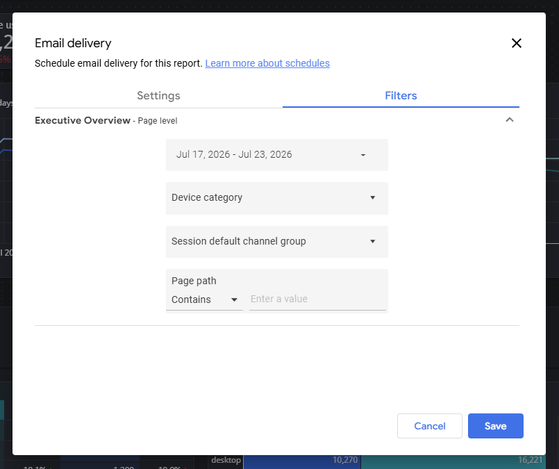 Data Studio scheduled-delivery Filters tab showing a date range and report controls.