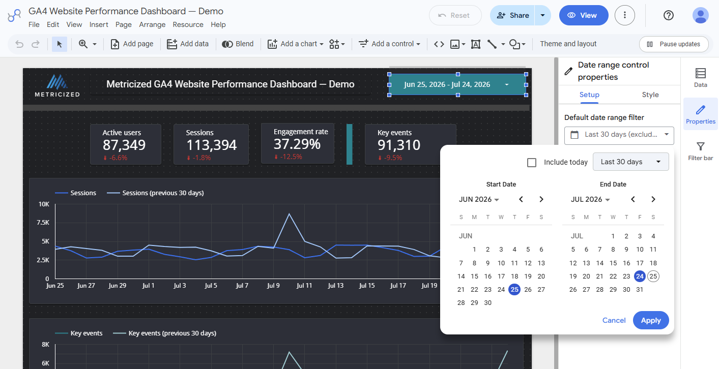 Data Studio date-range control configured to the last 30 days excluding today.