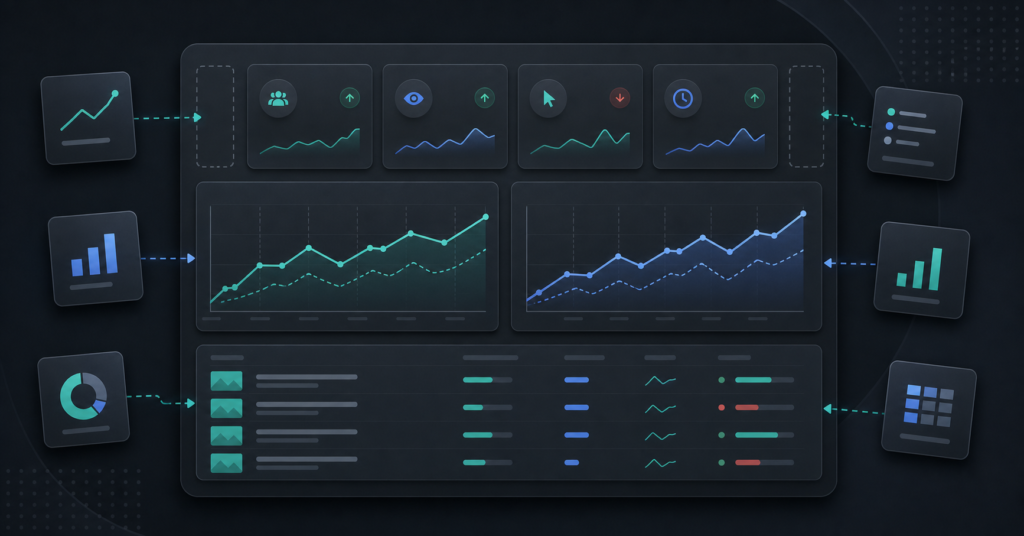 Abstract GA4 website performance dashboard with KPI cards, trend charts, and a reporting table